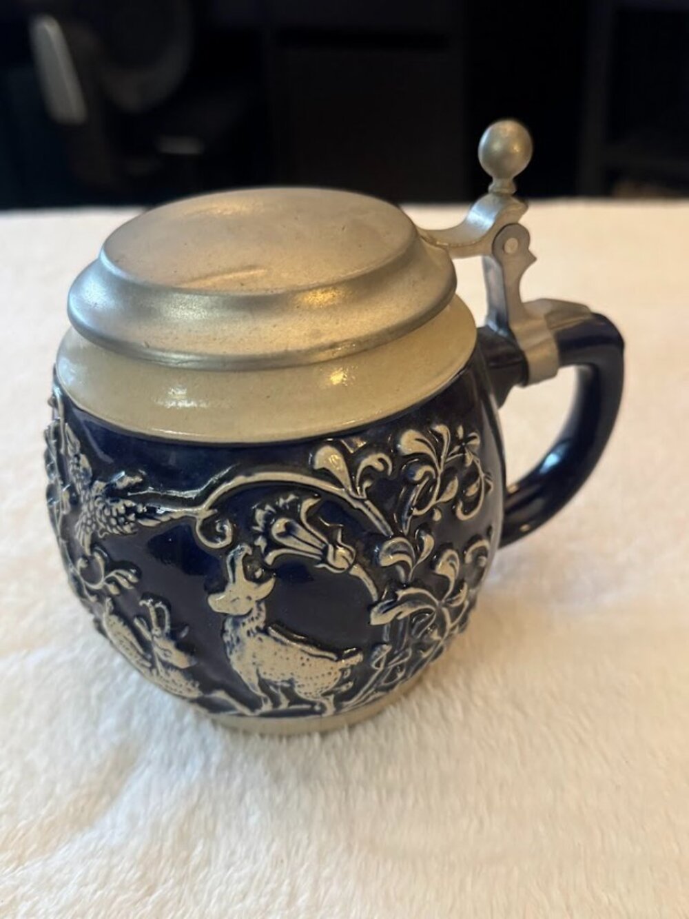 Vintage Gerz Germany Beer Stein Cobalt Blue Deer Pewter Lid